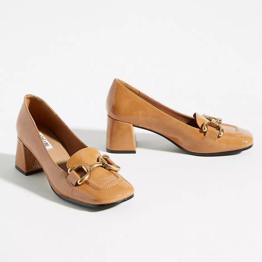 Anthropologie Bibi Lou Valencia Leather Loafer Heels 40 9 Camel Tan Patent Pumps